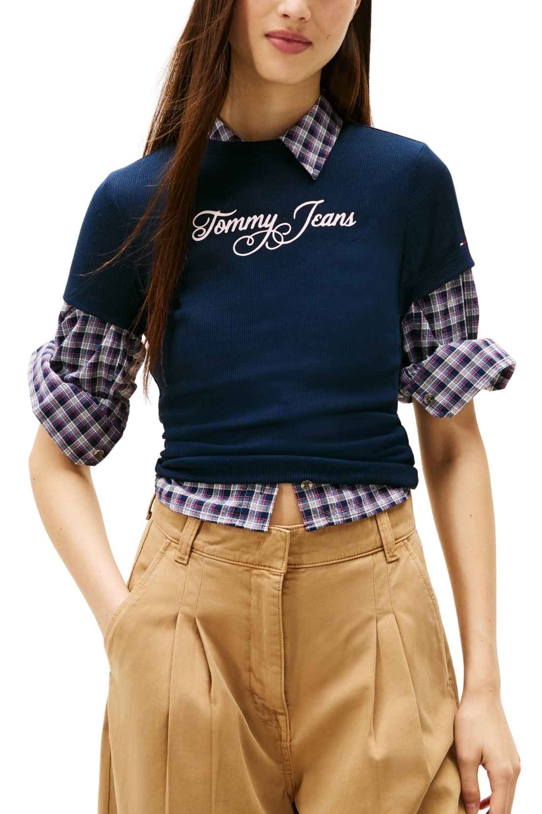 TOMMY JEANS - Women's slim ribbed T-shirt with logo  - Size L-1