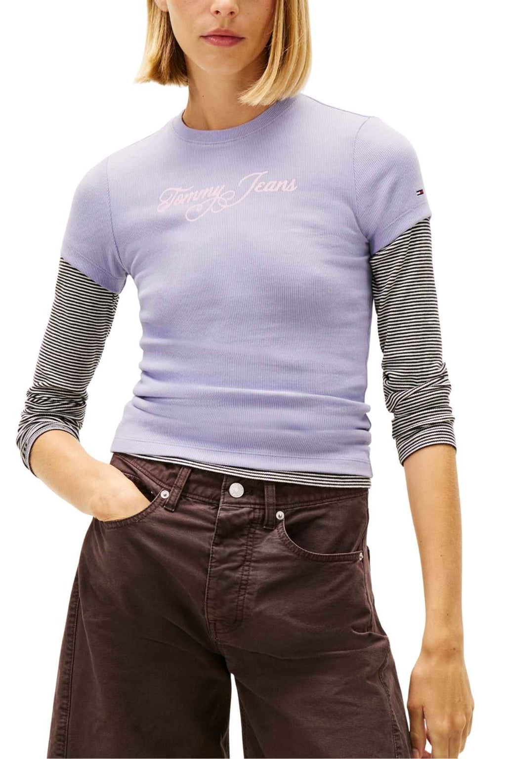 TOMMY JEANS - Women's slim ribbed T-shirt with logo  - Size L-5